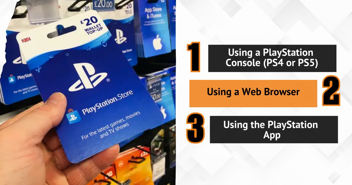 يد تحمل بطاقة هدايا PlayStation بقيمة 20 جنيهًا إسترلينيًا مع عرض 3 طرق لاستردادها بجانبها.