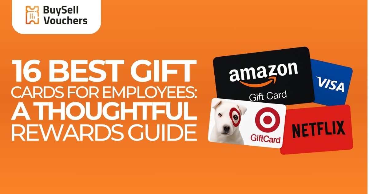 Gift card ideas for employees shown: Amazon, Visa, Target, and Netflix on orange background.
