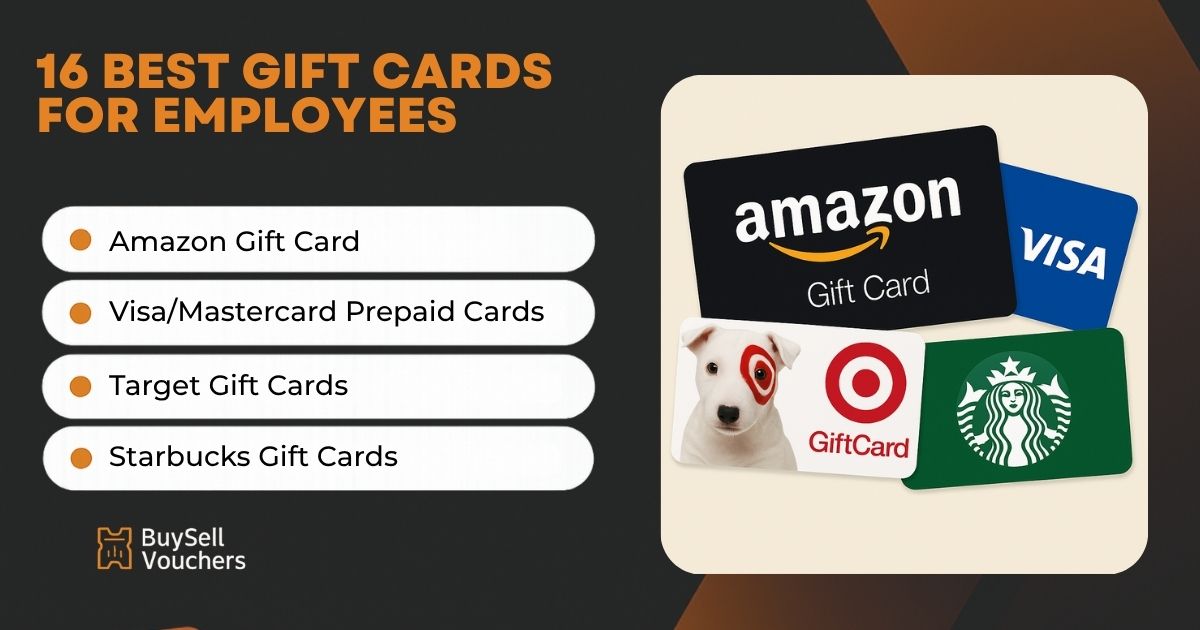 Top employee gift cards featured: Amazon, Visa, Target, and Starbucks with product list shown.