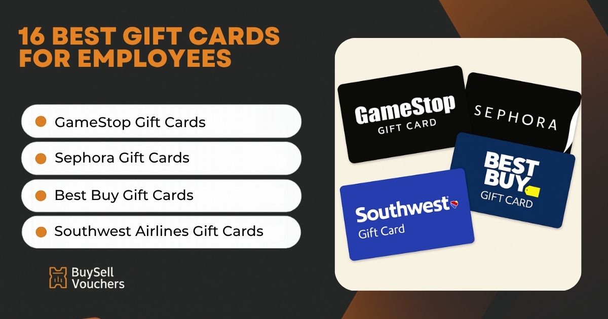 Top gift cards for employees listed: GameStop, Sephora, Best Buy, and Southwest Airlines.