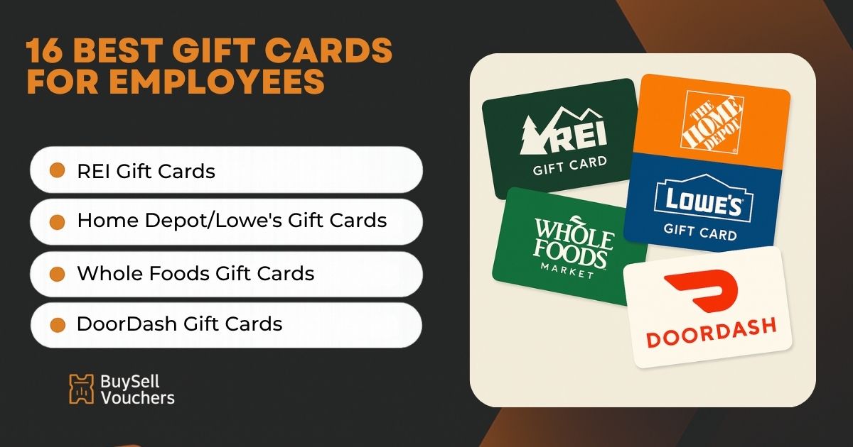 Employee gift cards shown: REI, Home Depot, Lowe’s, Whole Foods, and DoorDash with list.