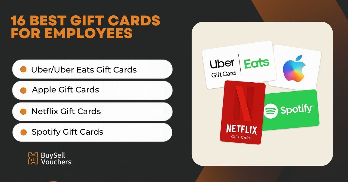 op employee gift cards shown: Uber, Apple, Netflix, and Spotify with list of card options.