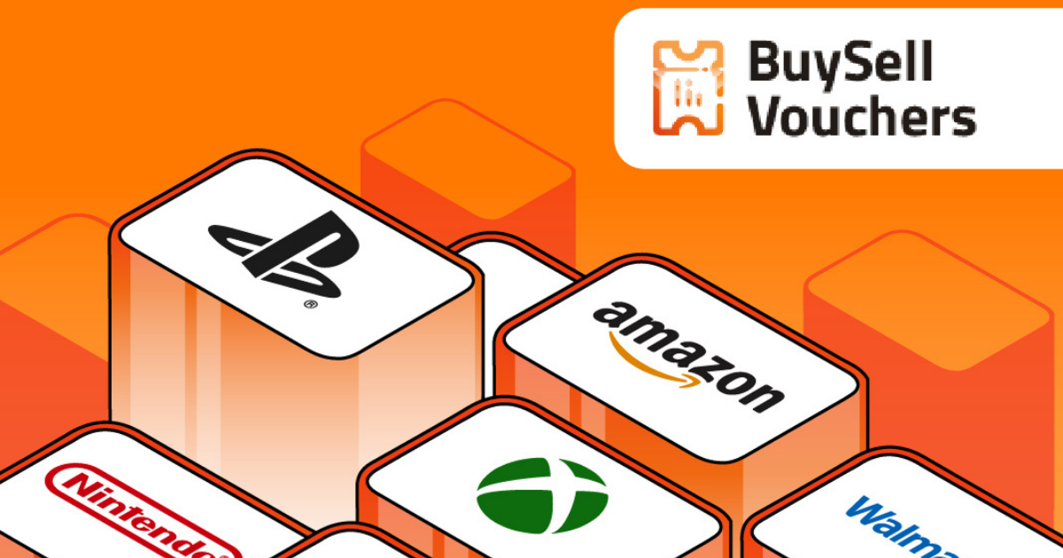 Imagen de BuySellVouchers mostrando los logotipos de PlayStation, Amazon, Xbox, Nintendo, Walmart.