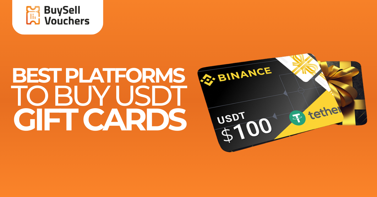 Banner de BuySellVouchers mostrando una tarjeta de regalo de Binance USDT de $100 sobre un fondo naranja.