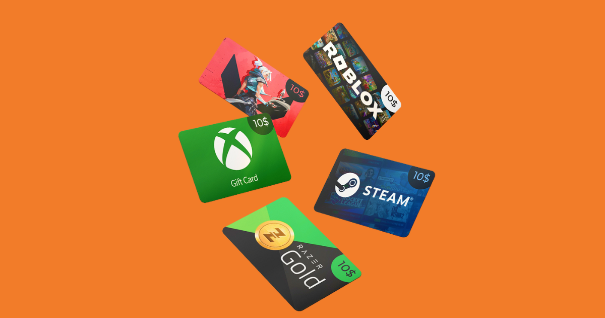 Tarjetas de regalo de $10 para Xbox, Steam, Roblox, Valorant y Razer Gold sobre fondo naranja.