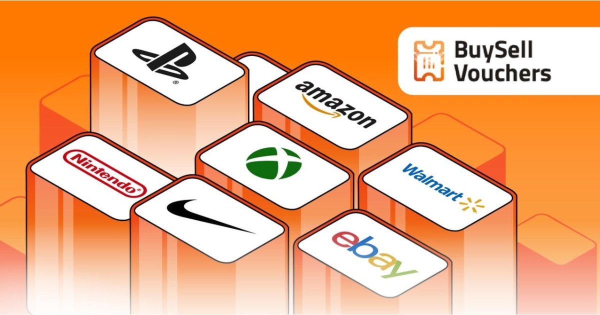 BuySellVouchers showcases top brands like Amazon, PlayStation, Xbox, Nike, and eBay.
