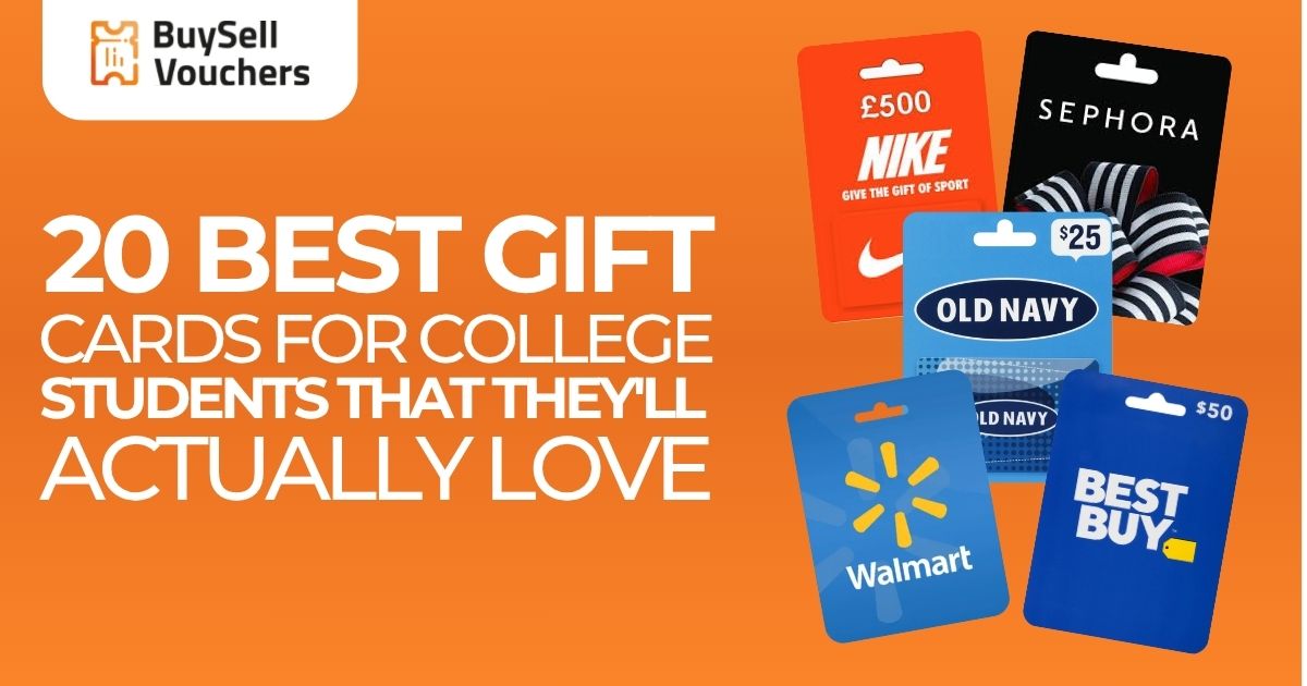 Gift cards from Nike, Sephora, Walmart, Old Navy, and Best Buy on orange BuySellVouchers ad.