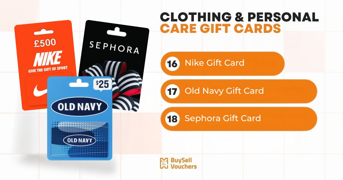 Clothing and personal care gift cards shown: Nike, Old Navy, and Sephora card options.