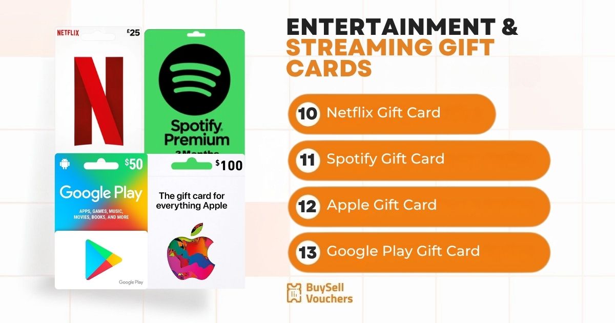 Entertainment gift cards shown: Netflix, Spotify, Apple, and Google Play with card list.
