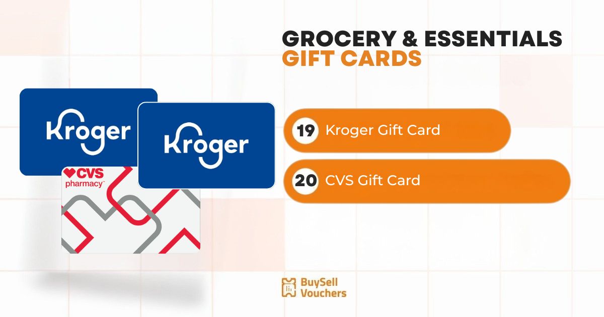  Grocery and essentials gift cards shown: two Kroger cards and one CVS Pharmacy card.