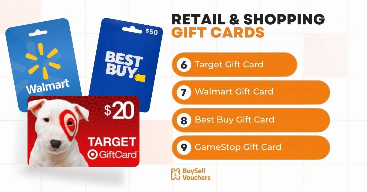 Top retail gift cards shown with list: Target, Walmart, Best Buy, and GameStop options.