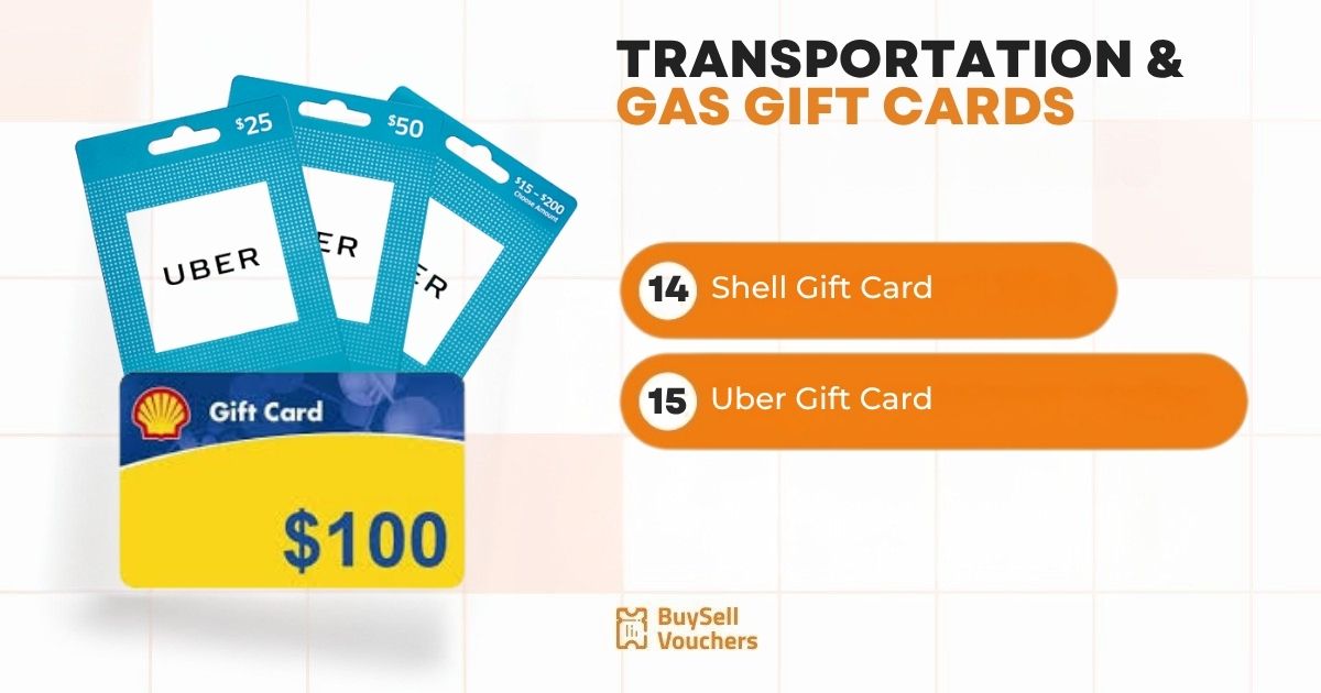 Transportation gift cards list with images: Uber in various values and $100 Shell gas card.