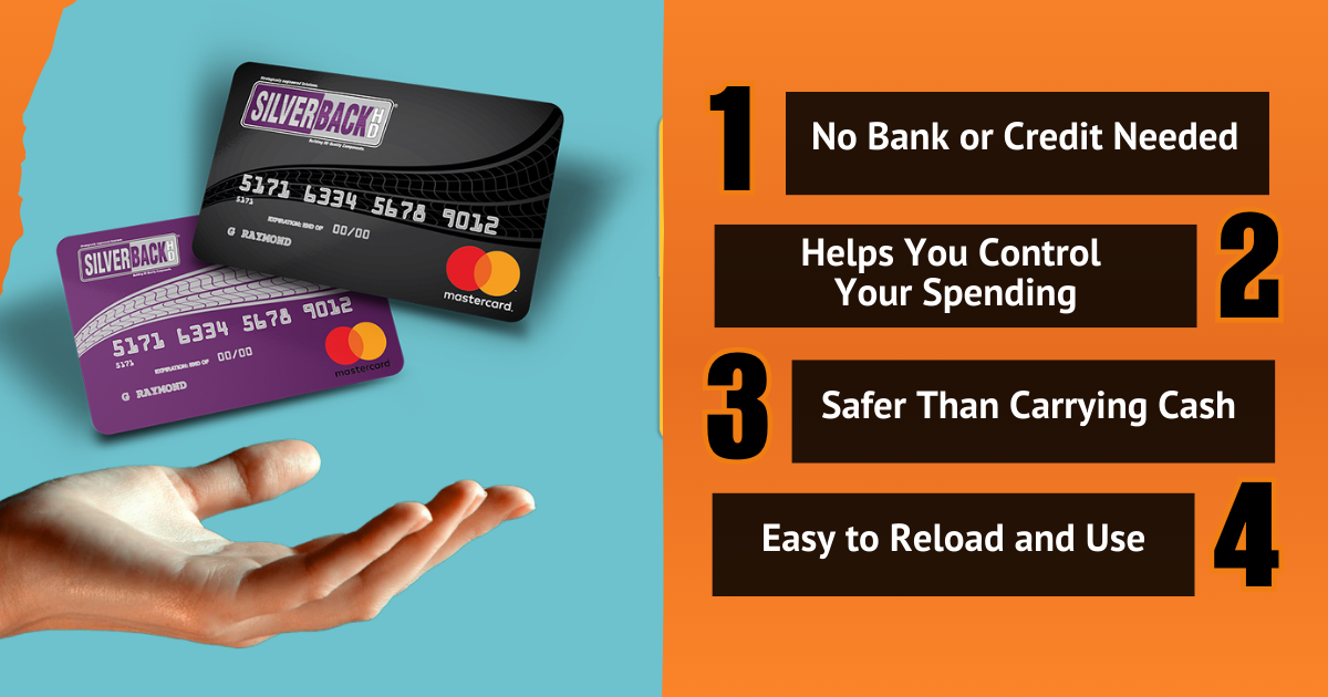 Two Silverback prepaid Mastercards shown with four listed benefits on orange background.