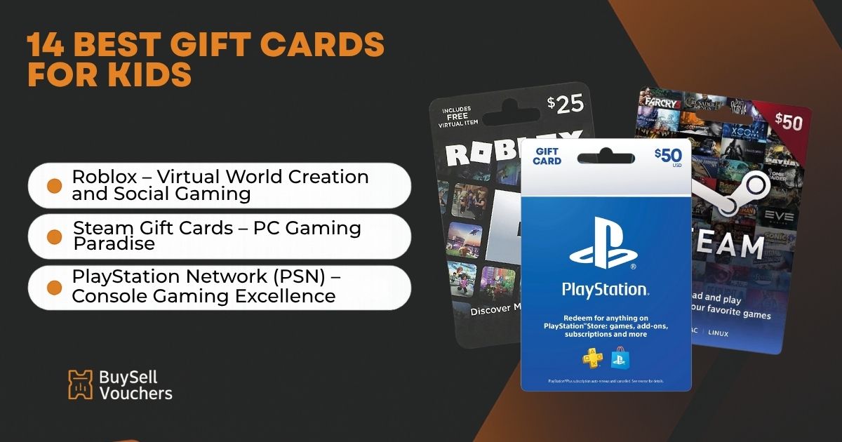 BuySellVouchers kids' gift cards featuring Roblox, Steam, and PlayStation for gaming fun.